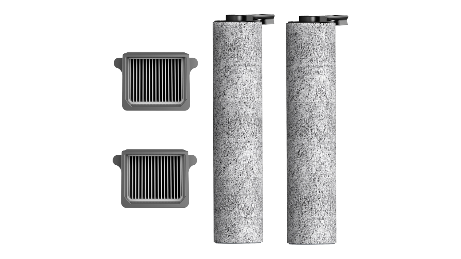 Two Tineco brush rollers and two HEPA filters for FLOOR ONE S7 Pro, neatly arranged side by side