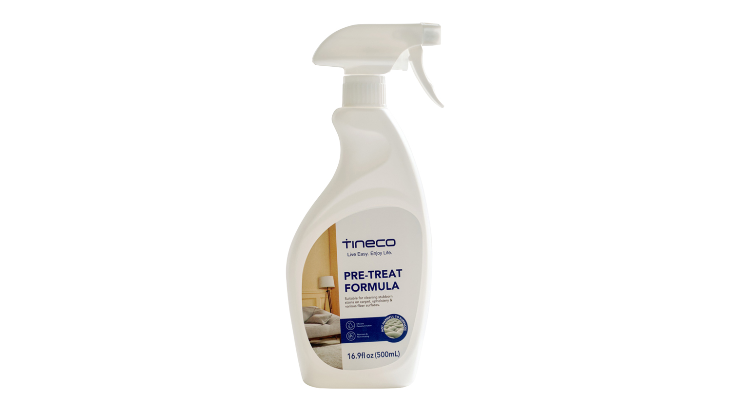 White 500ml spray bottle labelled Tineco Pre-Treat Formula for carpets and upholstery