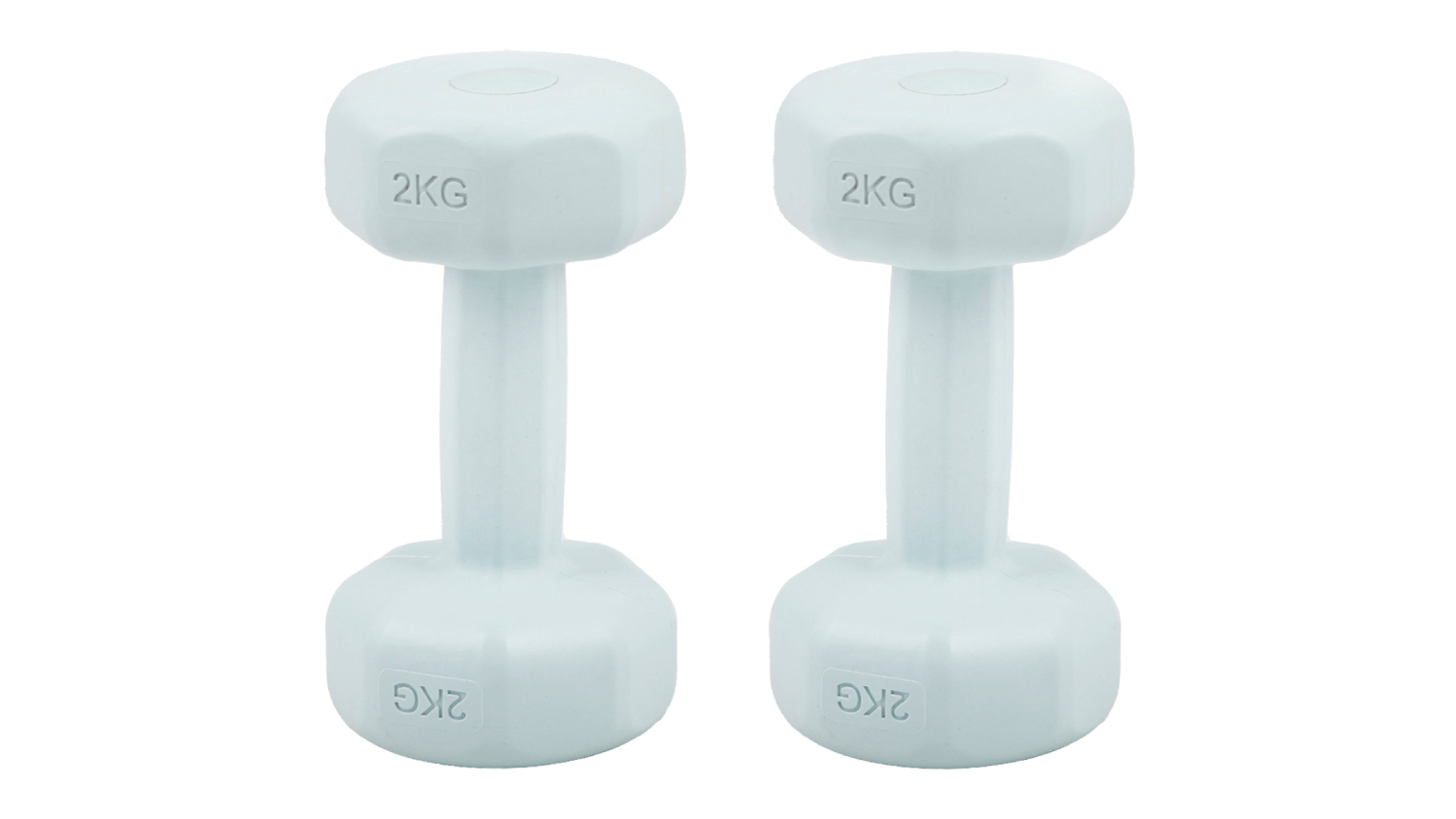 A front view of a pair of blue dumbbells