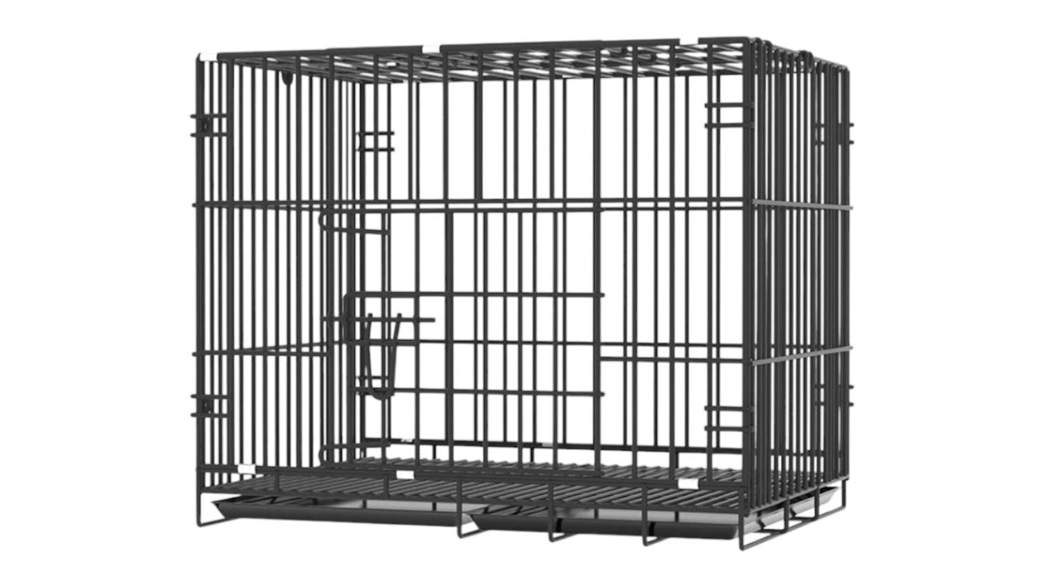 A left-angled view of a mesh dog crate