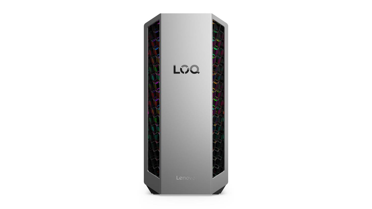 Front view of the Lenovo LOQ Gaming Desktop in grey