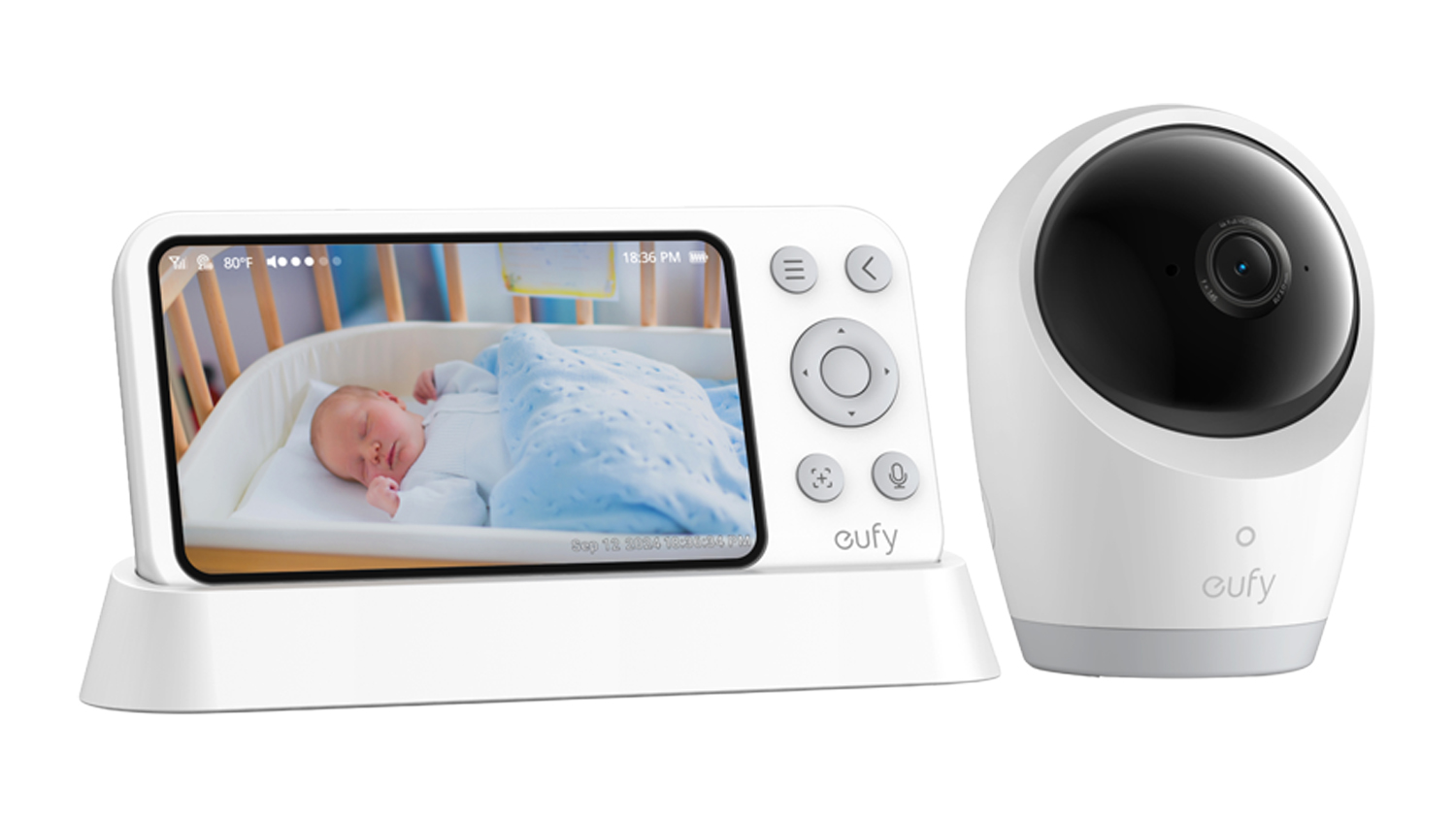 Eufy E21 Baby Monitor with 5" screen and camera unit showing a baby sleeping in a crib