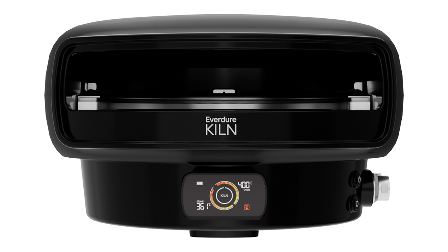 Front view of the Everdure Kiln 16" black pizza oven, featuring its digital control panel and wide oven opening