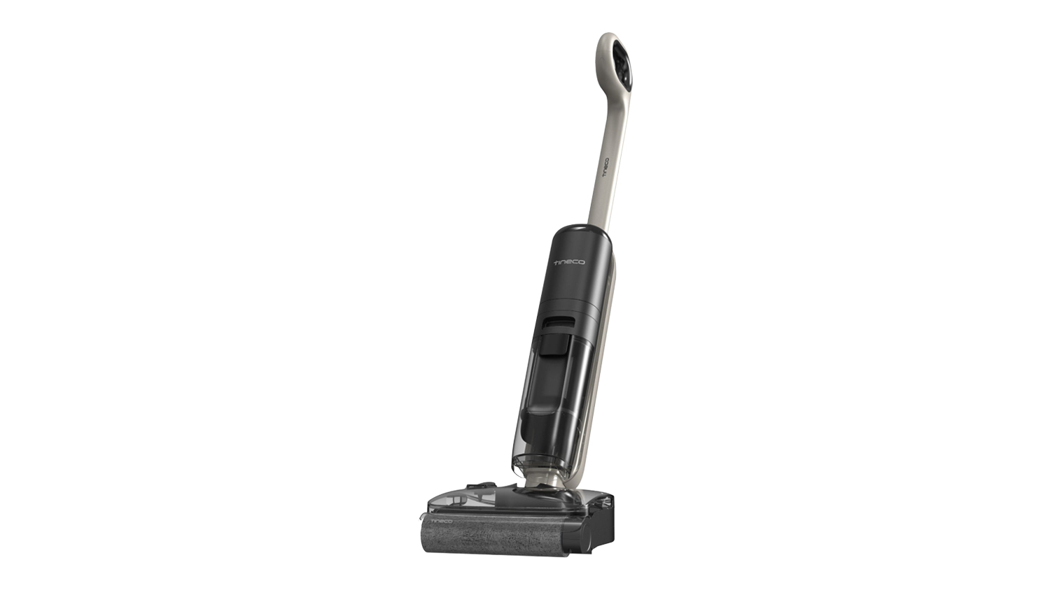 Angled view of a black Tineco iFLOOR U5 Stretch vacuum cleaner showing handle and cleaning head