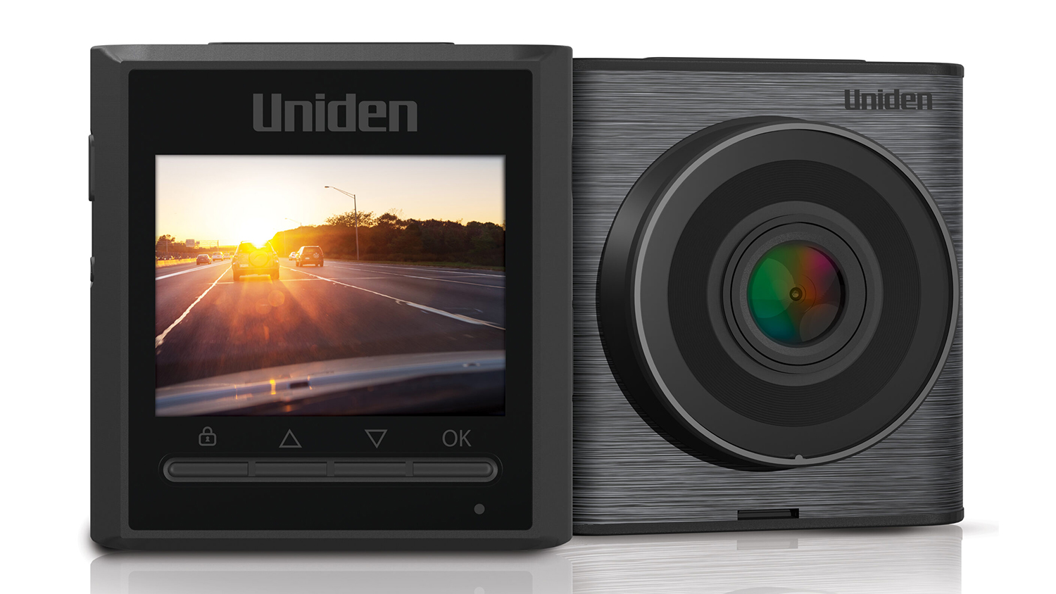 A Uniden iGO Cam 35 1080p Dash Cam with a 2" Display in a sleek black finish