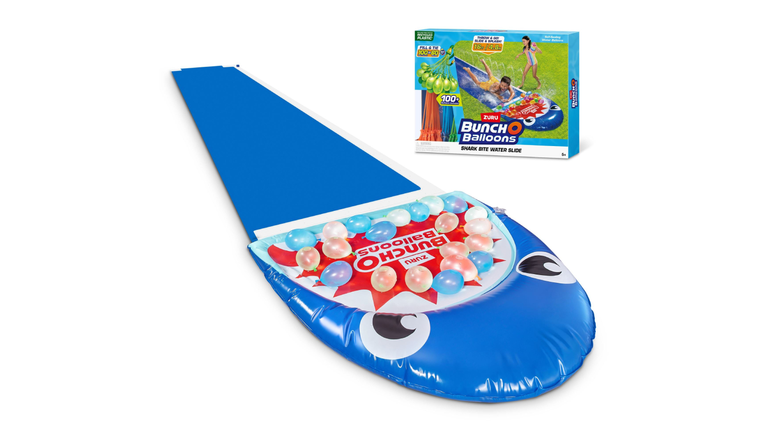 Blue shark-themed inflatable water slide with colourful water balloons and product box