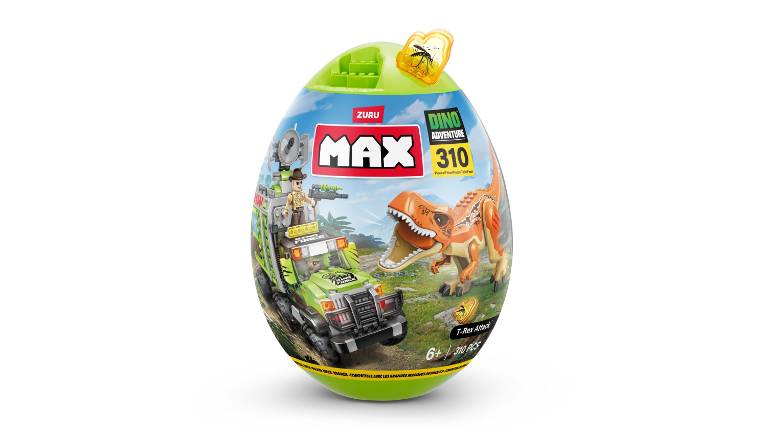 Egg-shaped Zuru Max Dino Adventure toy pack with T-Rex and green expedition truck on the label