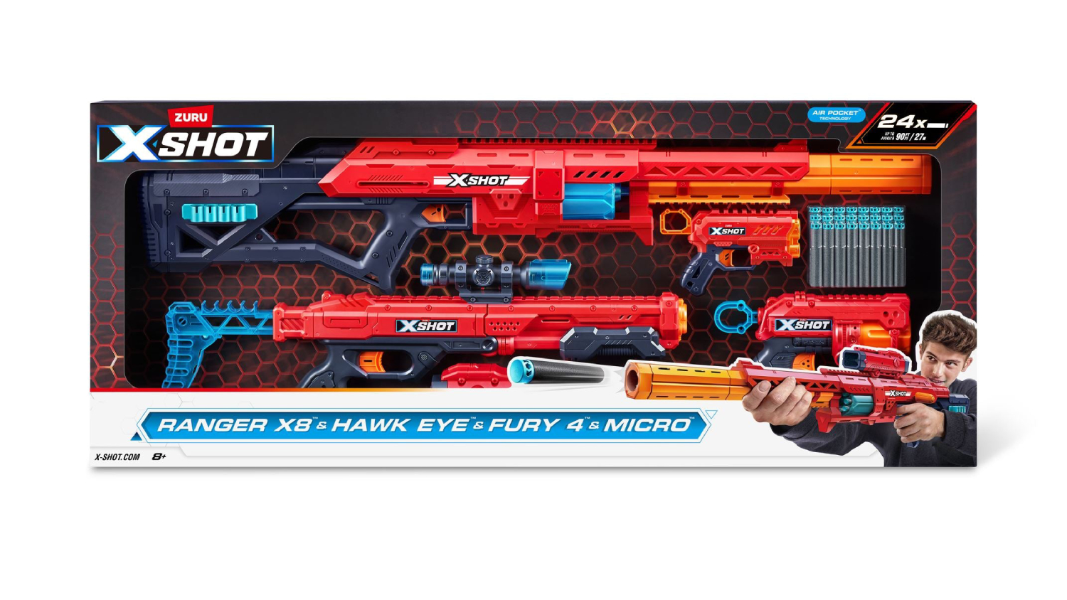 Box set of Zuru X-Shot EXCEL Combo Pack with four blasters and 24 darts displayed in the packaging