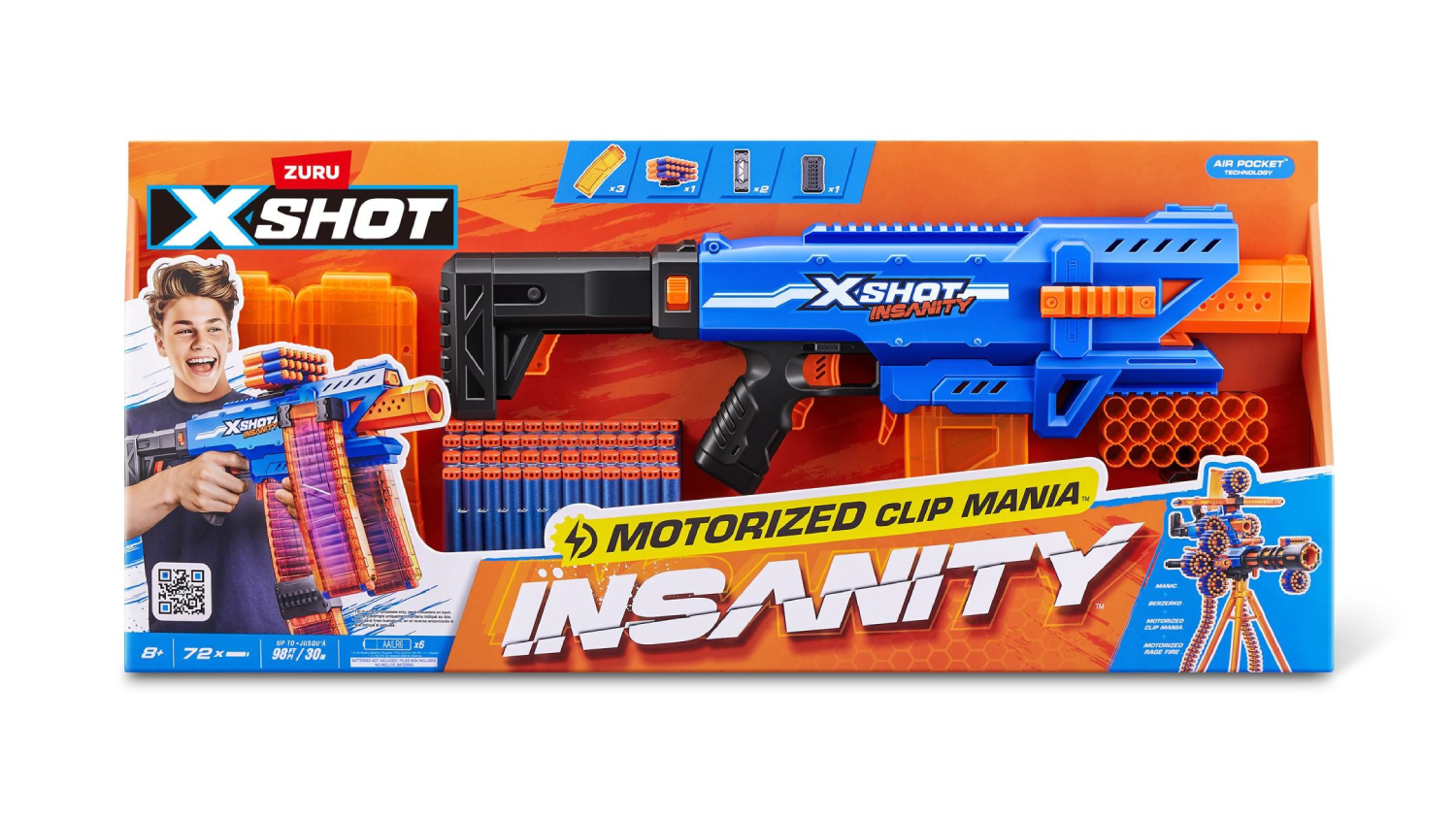 X-Shot Insanity Motorised Clip Mania blaster in retail packaging with accessories and darts