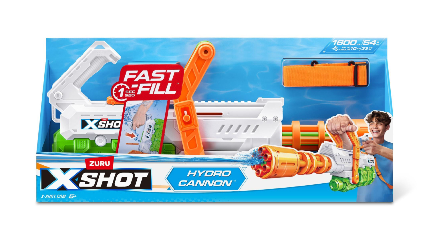 Zuru X-Shot Hydro Cannon water blaster in packaging with fast-fill feature and orange shoulder strap