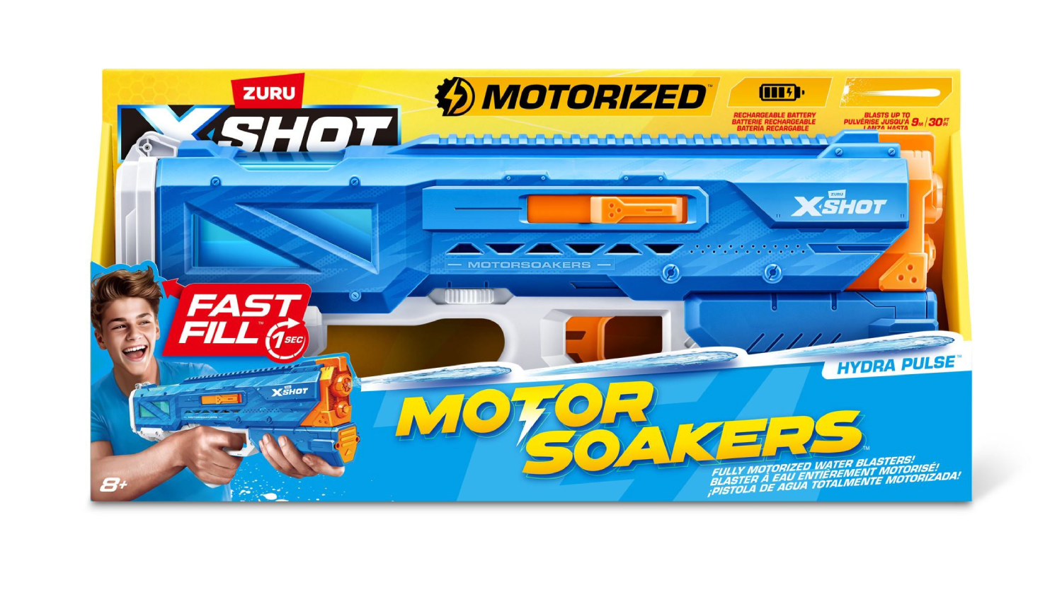 Blue and orange X-Shot Hydra Pulse motorised water blaster in packaging with text 