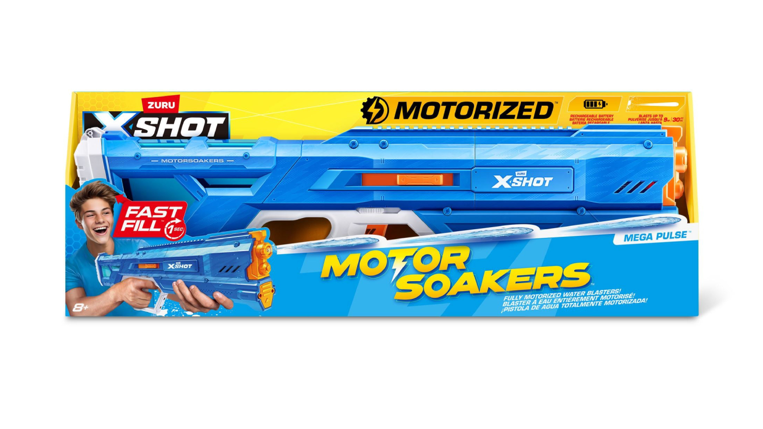 Zuru X-Shot Motorised Mega Pulse water soaker in blue packaging with Fast Fill feature