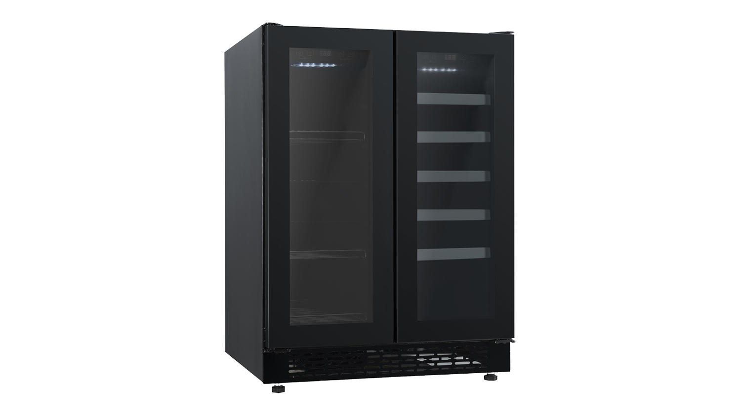 A Robinhood 120L Built-Under Double Door Bar Fridge Beverage Centre in a sleek black finish