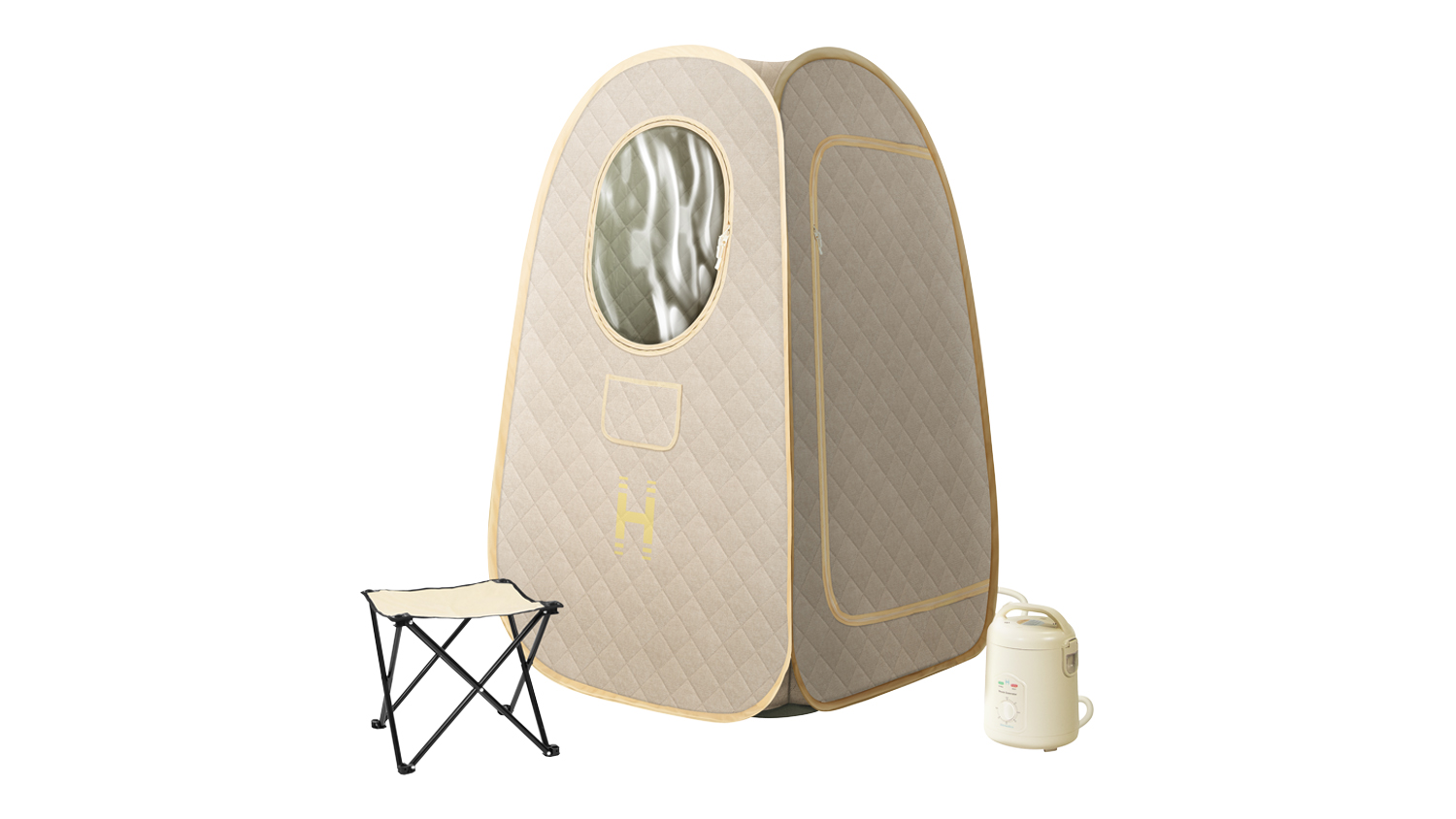 An angled front view of the Homedics Portable Steam Sauna with its included accessories and motor