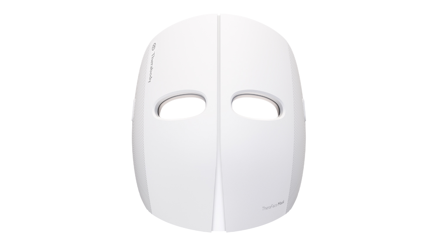 Front view of the white, split-panel LED facial mask with eye openings and light grey accent