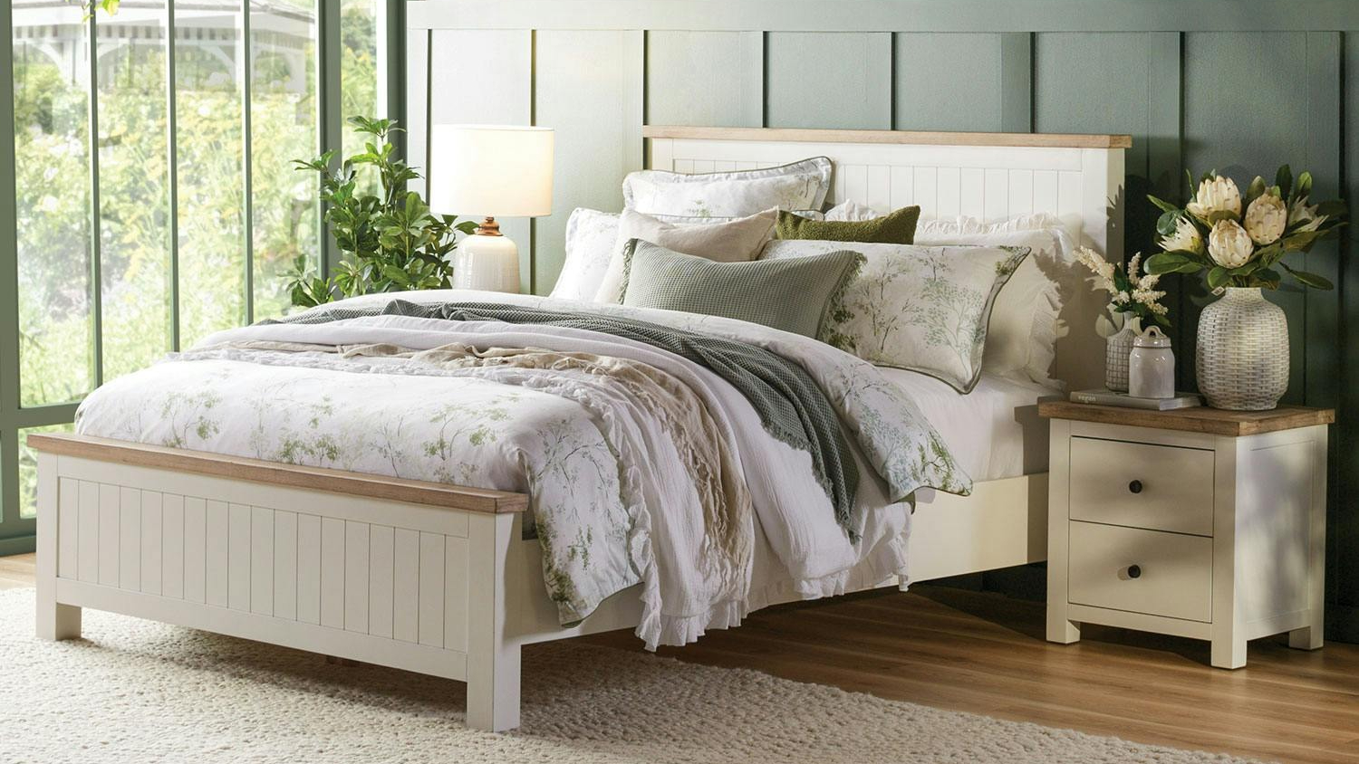 Taylor Bed Frame with wooden panels featured in beautiful bedroom setting