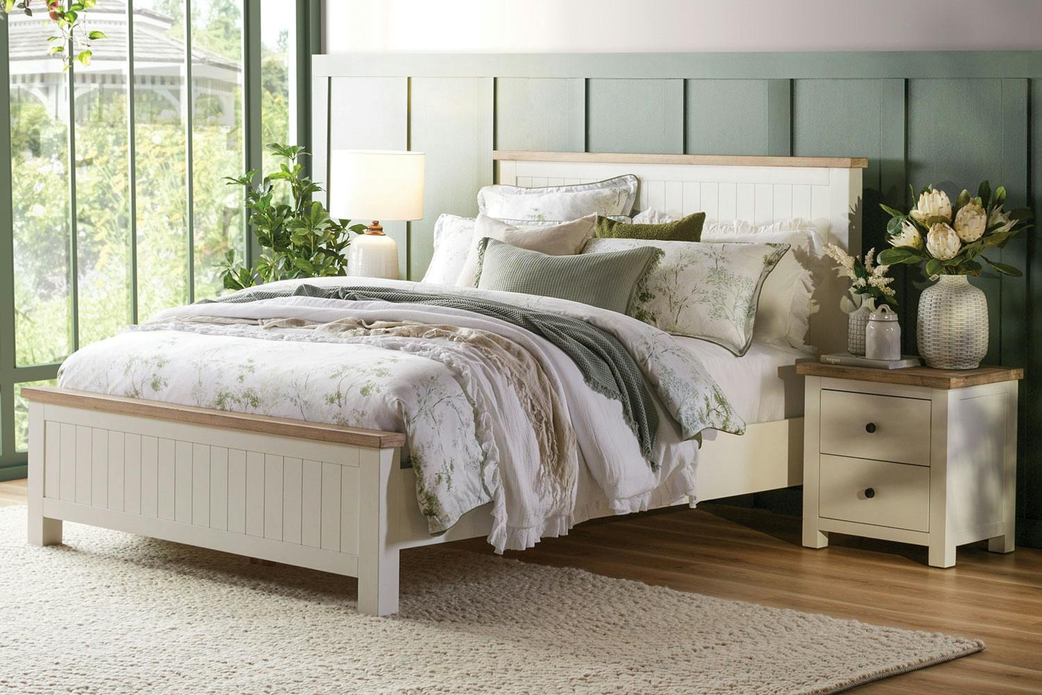 Taylor Bed Frame with wooden panels featured in beautiful bedroom setting