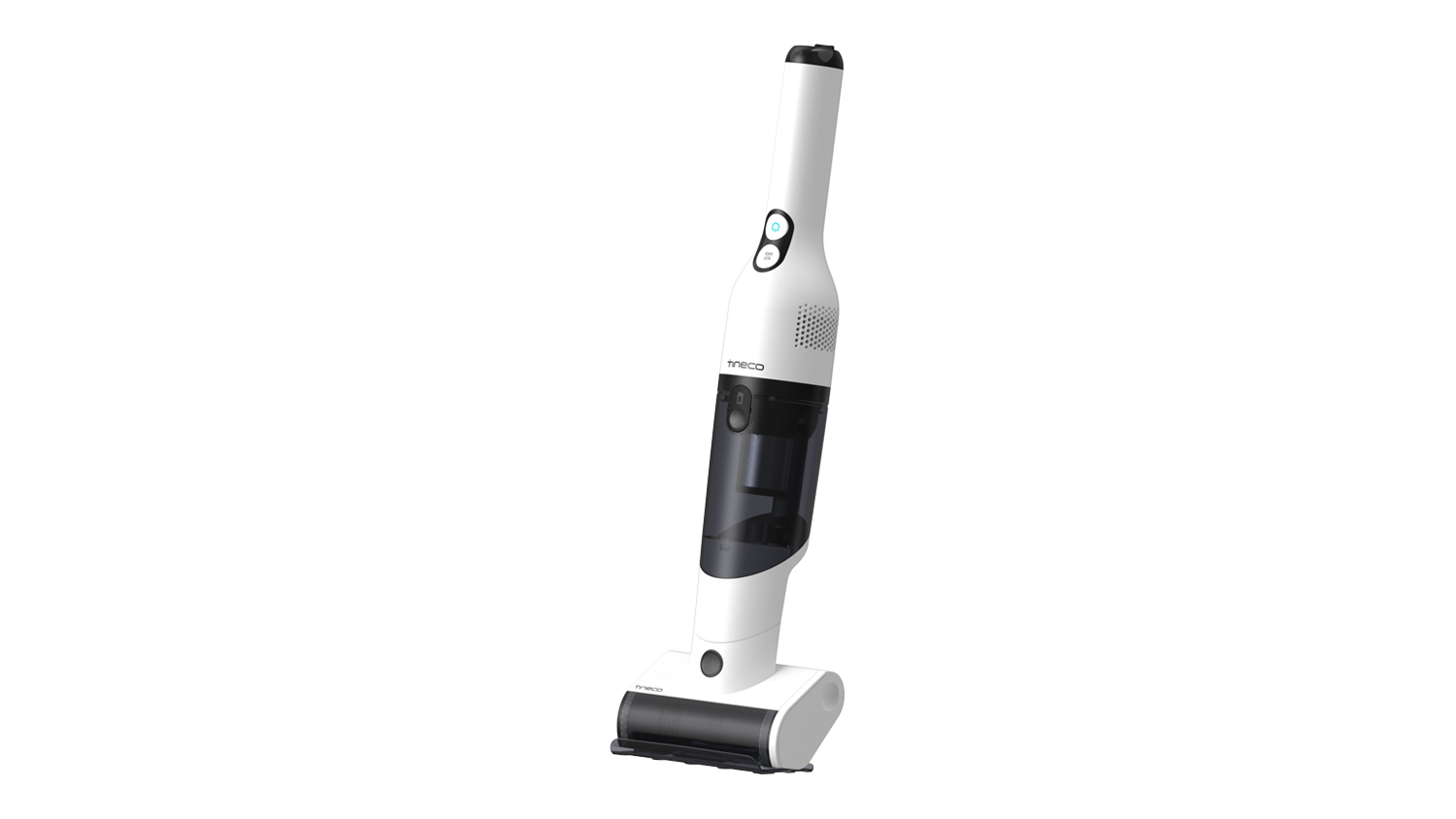 Upright view of a white Tineco GO Mini Pet vacuum cleaner with a sleek body and visible buttons