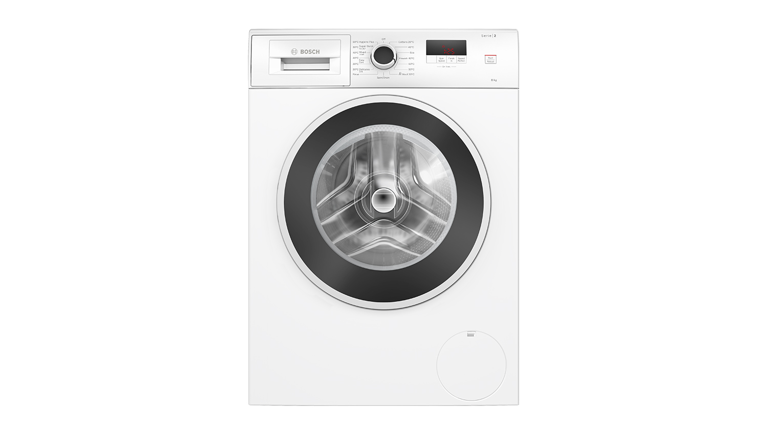 A Bosch 8kg Front Loader Washing Machine in a vibrant white finish