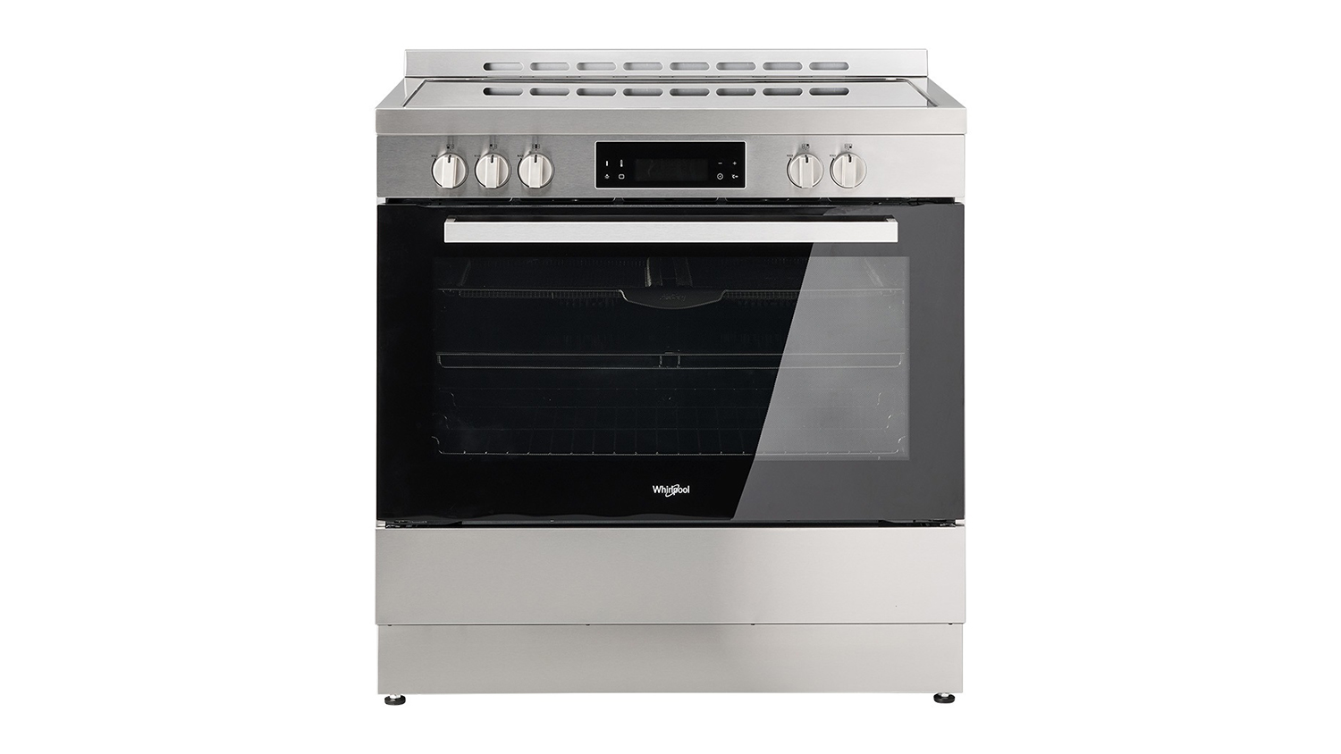 A Whirlpool 90cm Freestanding Oven with 5 Zone Ceramic Cooktop in a sleek silver finish
