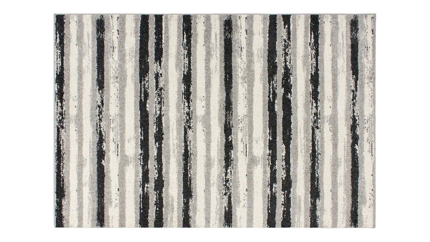 Horizontal-striped Castillo Rug in black, grey, and white shades, shown in full layout