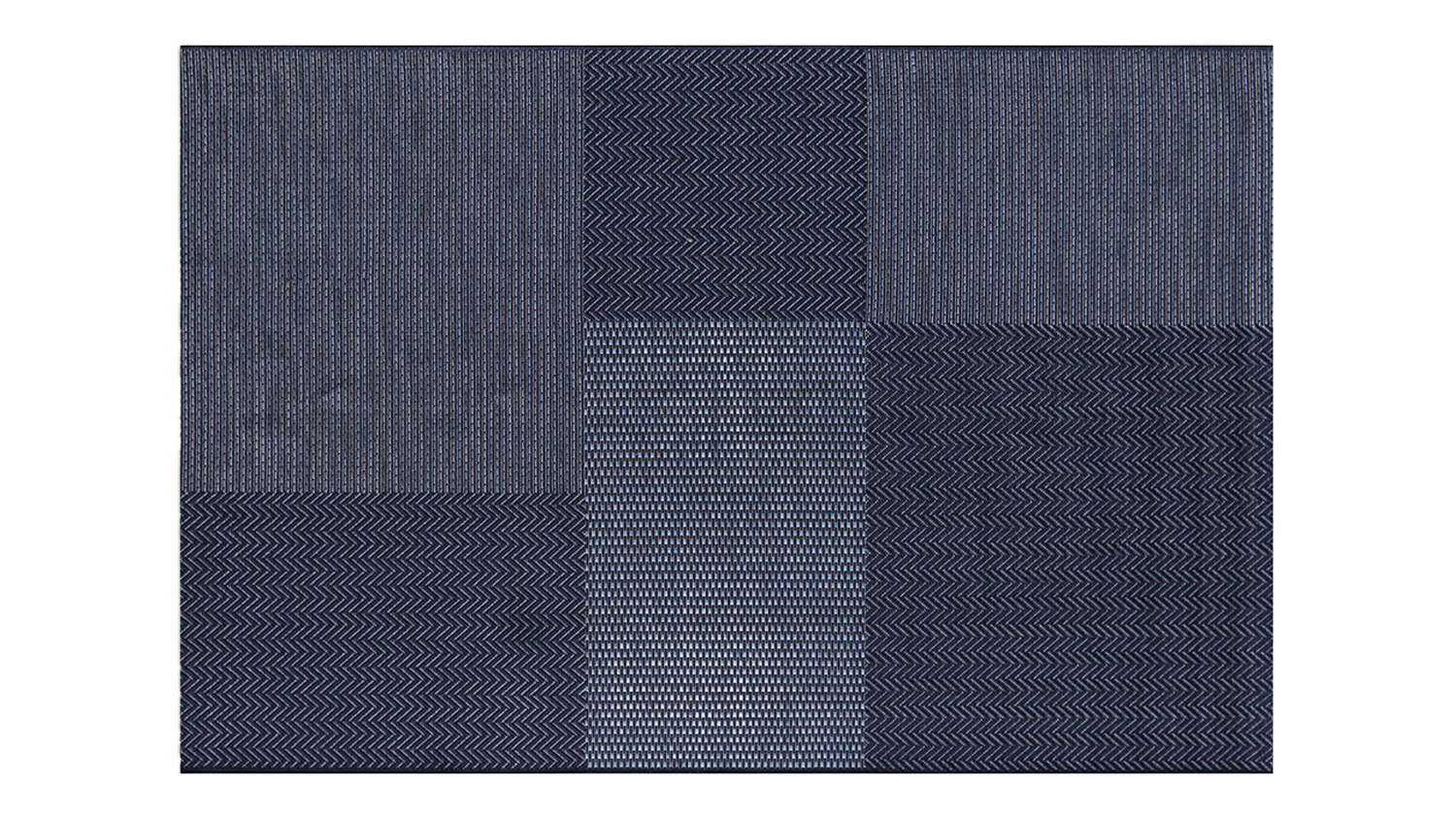 Navy Collingwood Outdoor Rug with patchwork design featuring stripes, chevrons, and geometric patterns