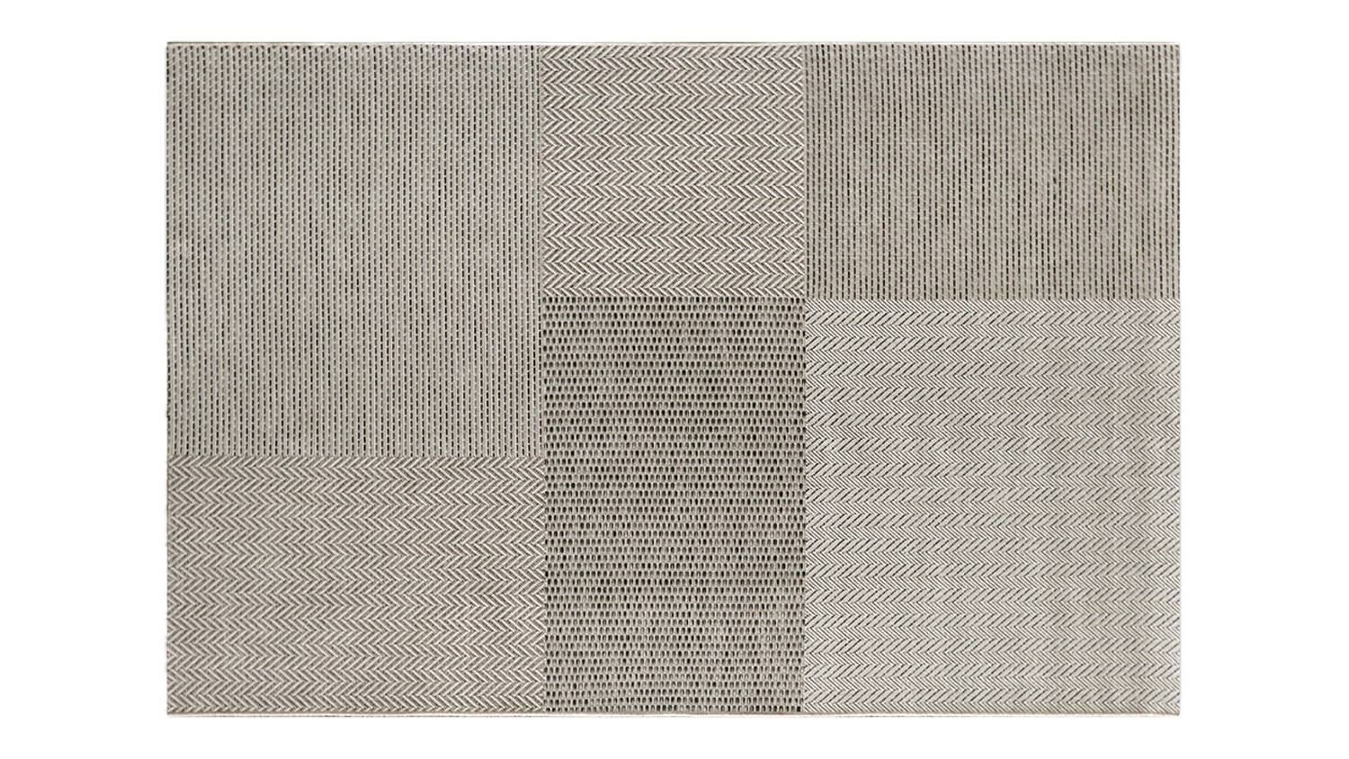 Oatmeal Collingwood Outdoor Rug with patchwork design featuring stripes, chevrons, and geometric patterns