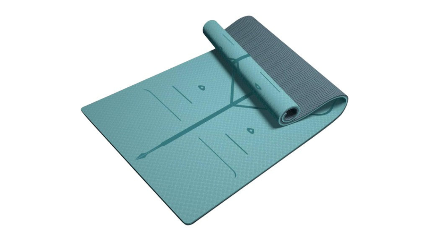 Teal yoga mat with alignment lines, partially rolled, featuring a textured non-slip surface
