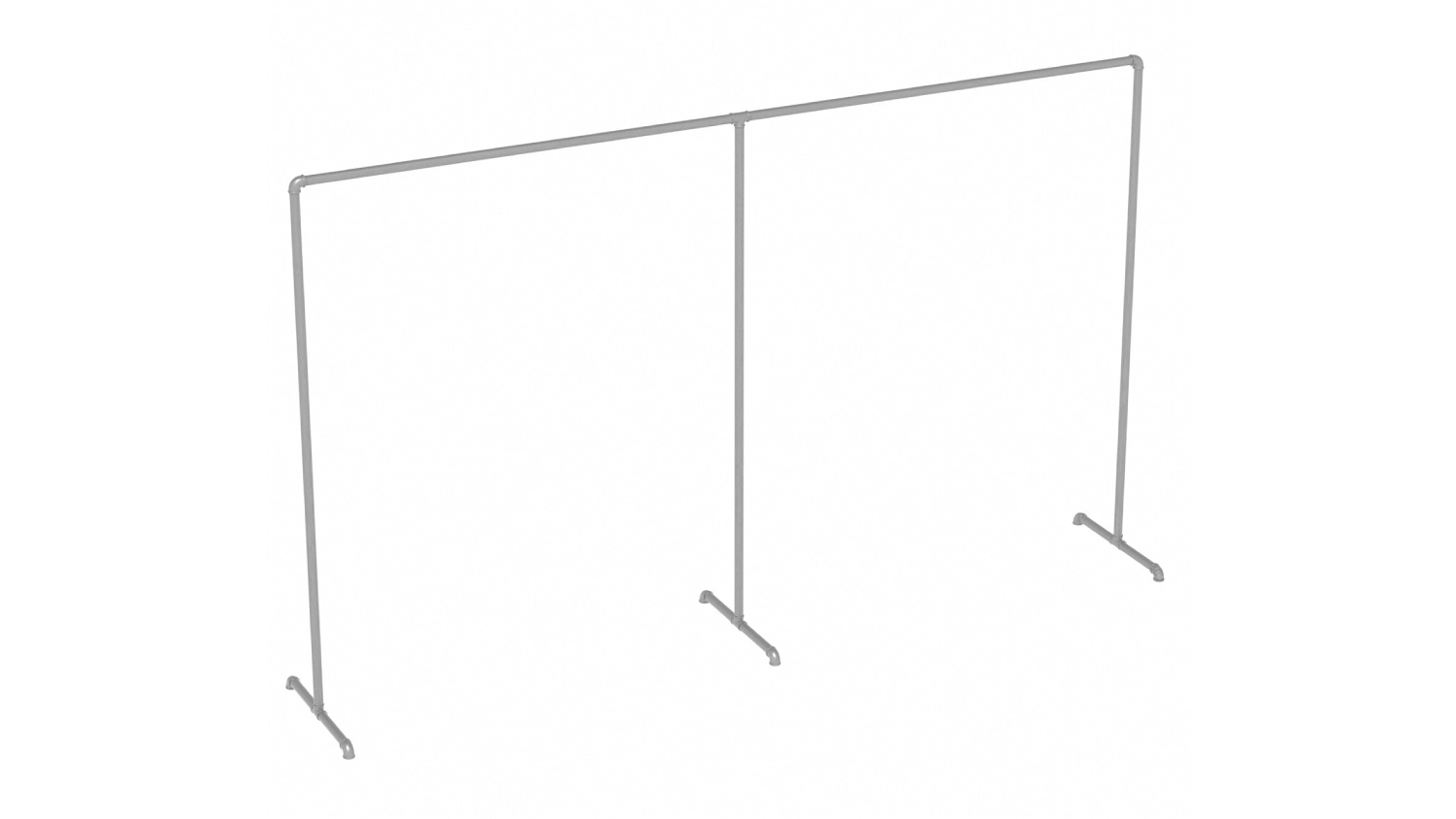Wide freestanding garment rack with an industrial pipe design and a T-shaped base in silver finish