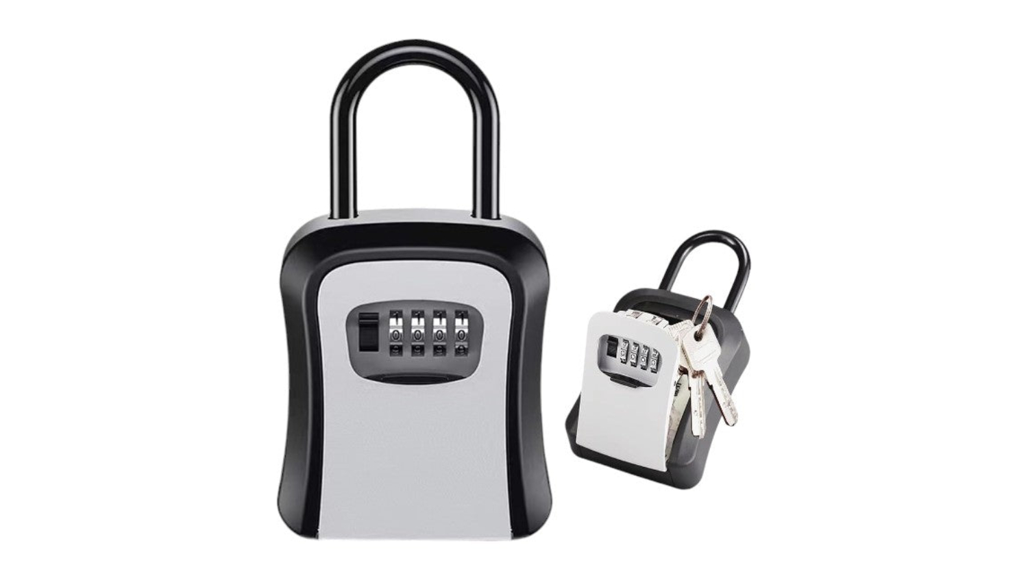 Two black and grey combination lock key boxes, one closed and one open, showing keys inside
