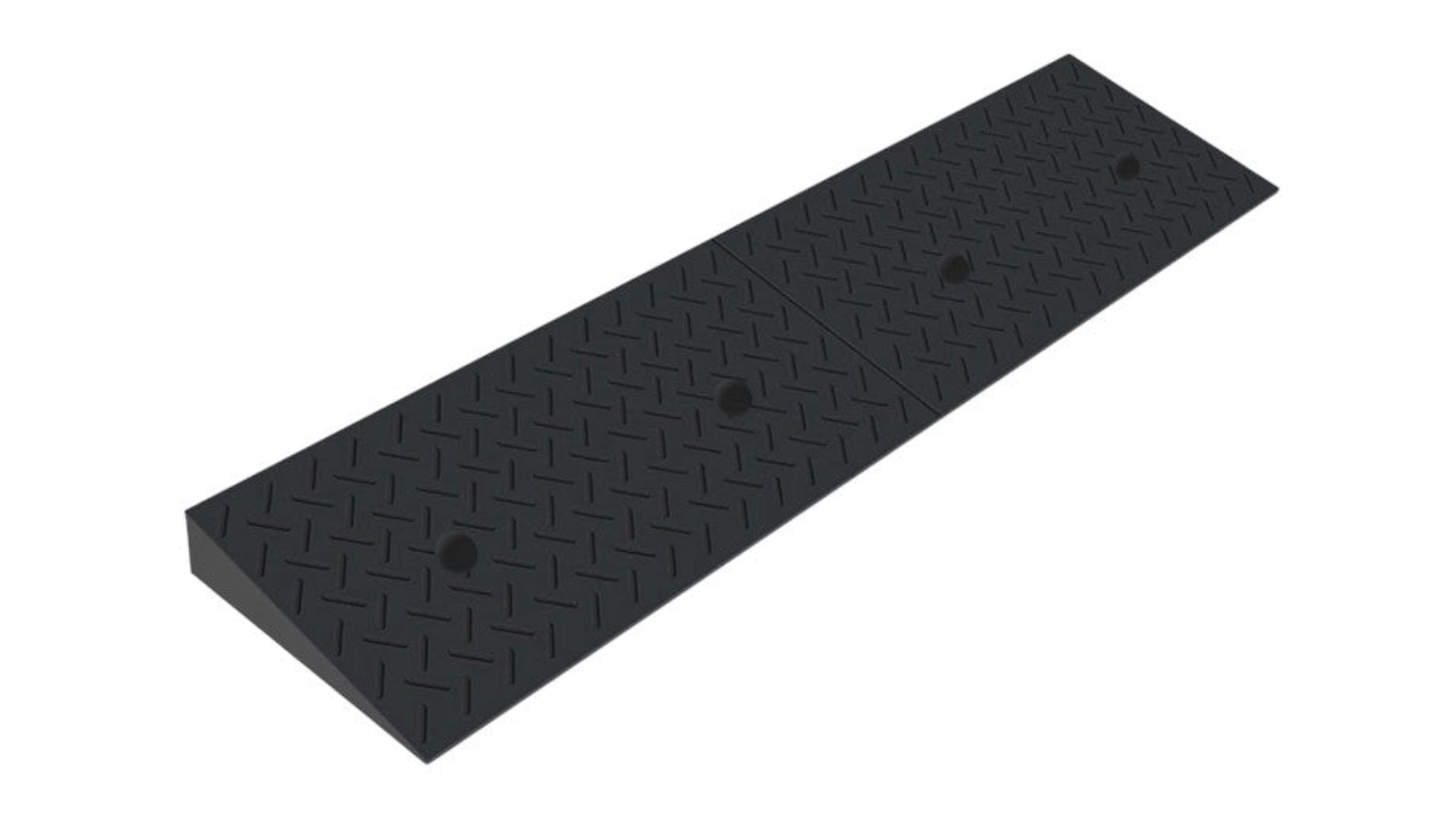A heavy-duty rubber curb ramp with a textured surface and pre-drilled holes for installation
