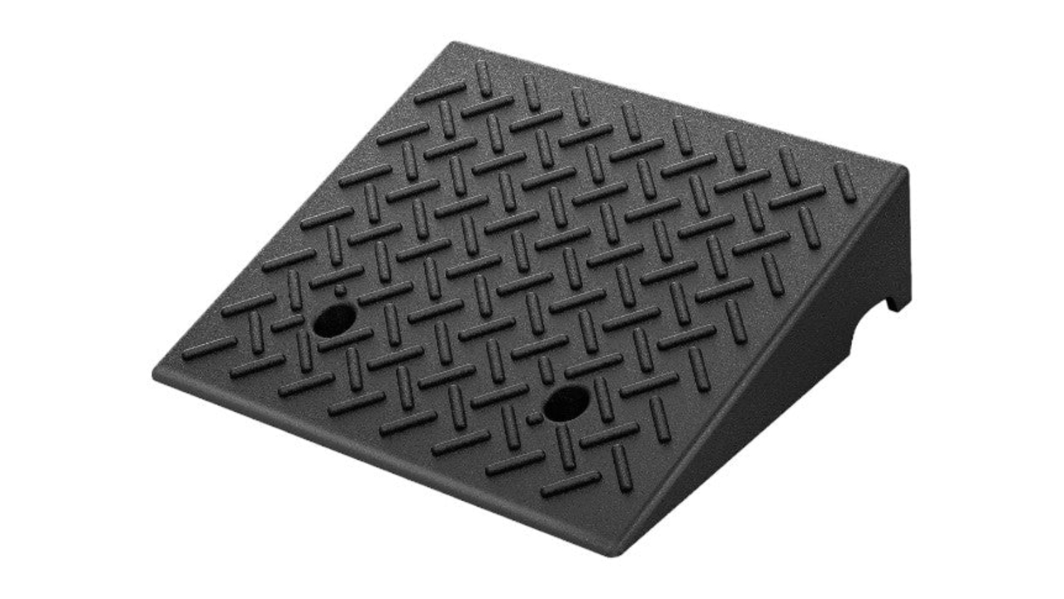 Black rubber curb ramp with textured non-slip surface and two mounting holes for secure installation