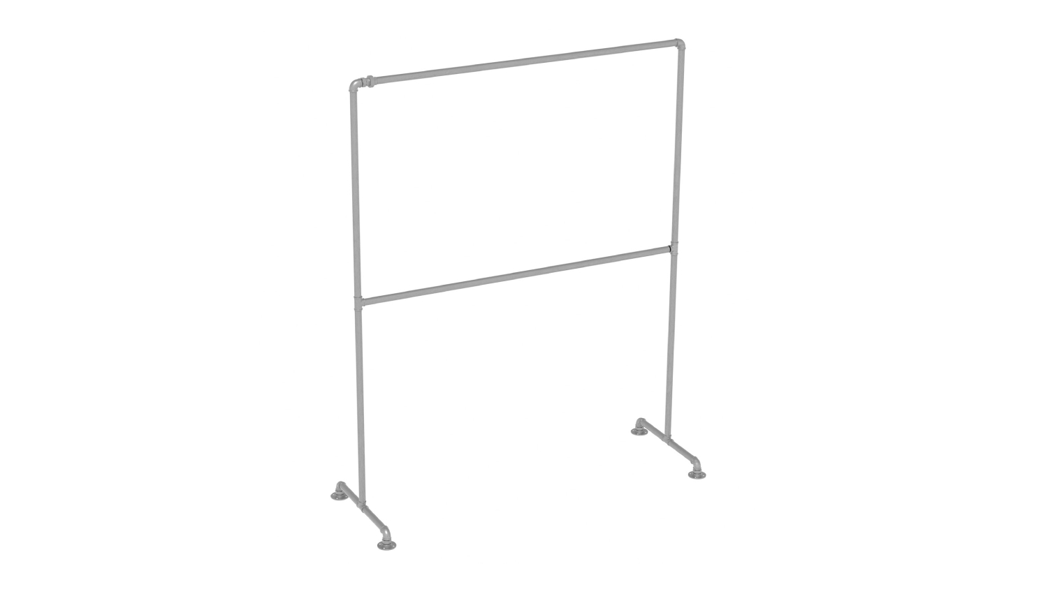 Freestanding garment rack with two horizontal bars and T-shaped feet, made of industrial-style metal pipes