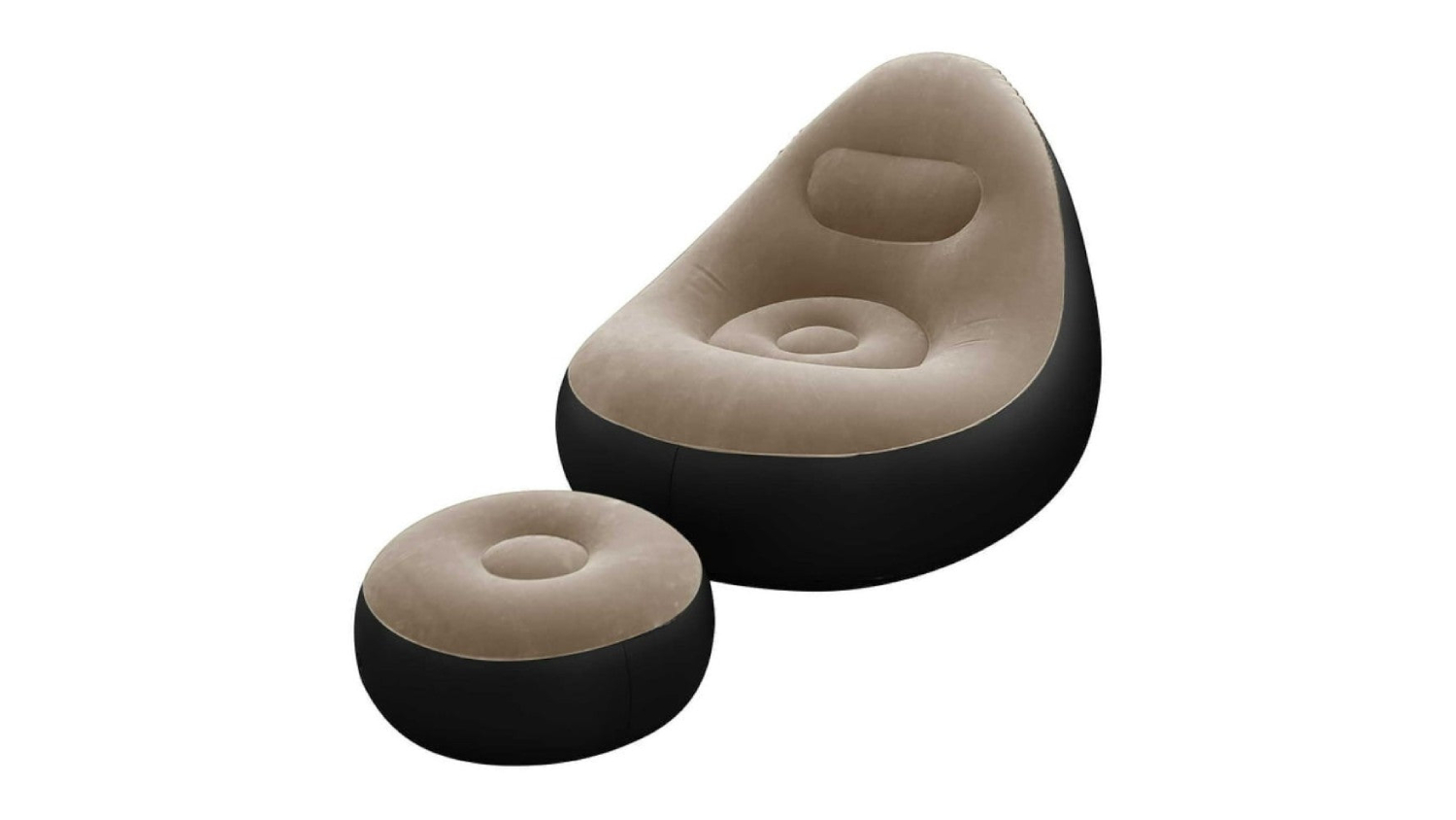 Inflatable lounge chair with matching round footstool in beige and black