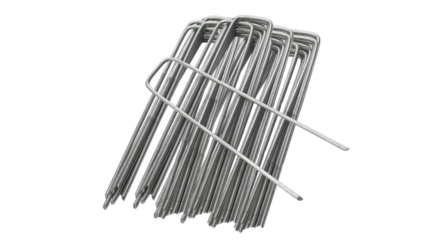 A close-up of a bundle of silver U-shaped Garden staples stacked together
