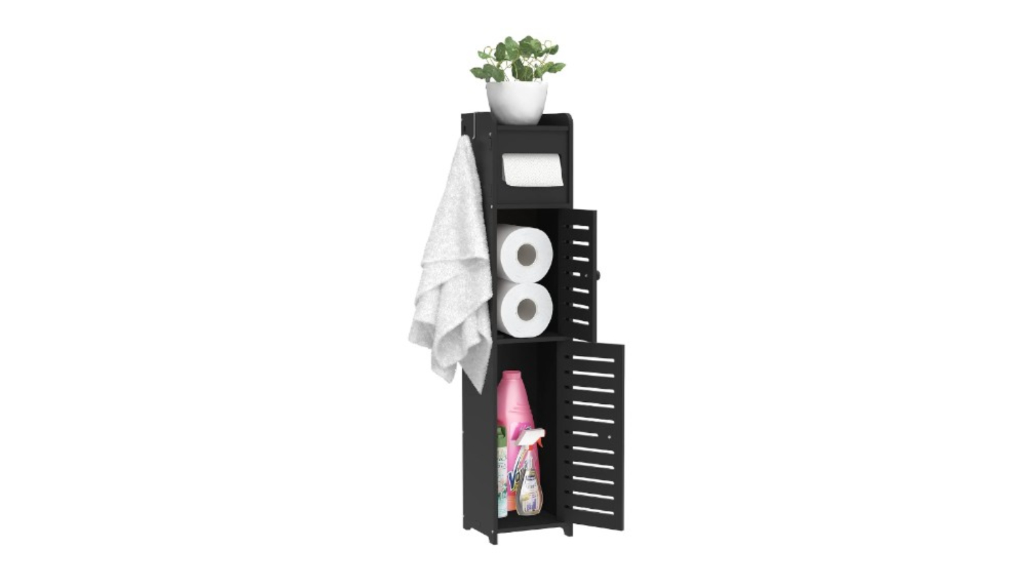 A front view of the tall bathroom storage cabinet