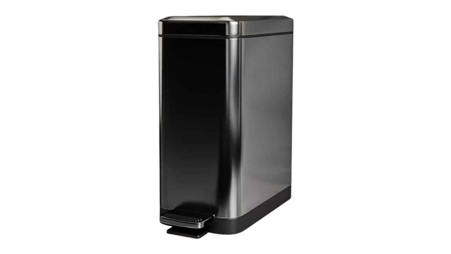 A left-angled view of a slim kitchen waste bin