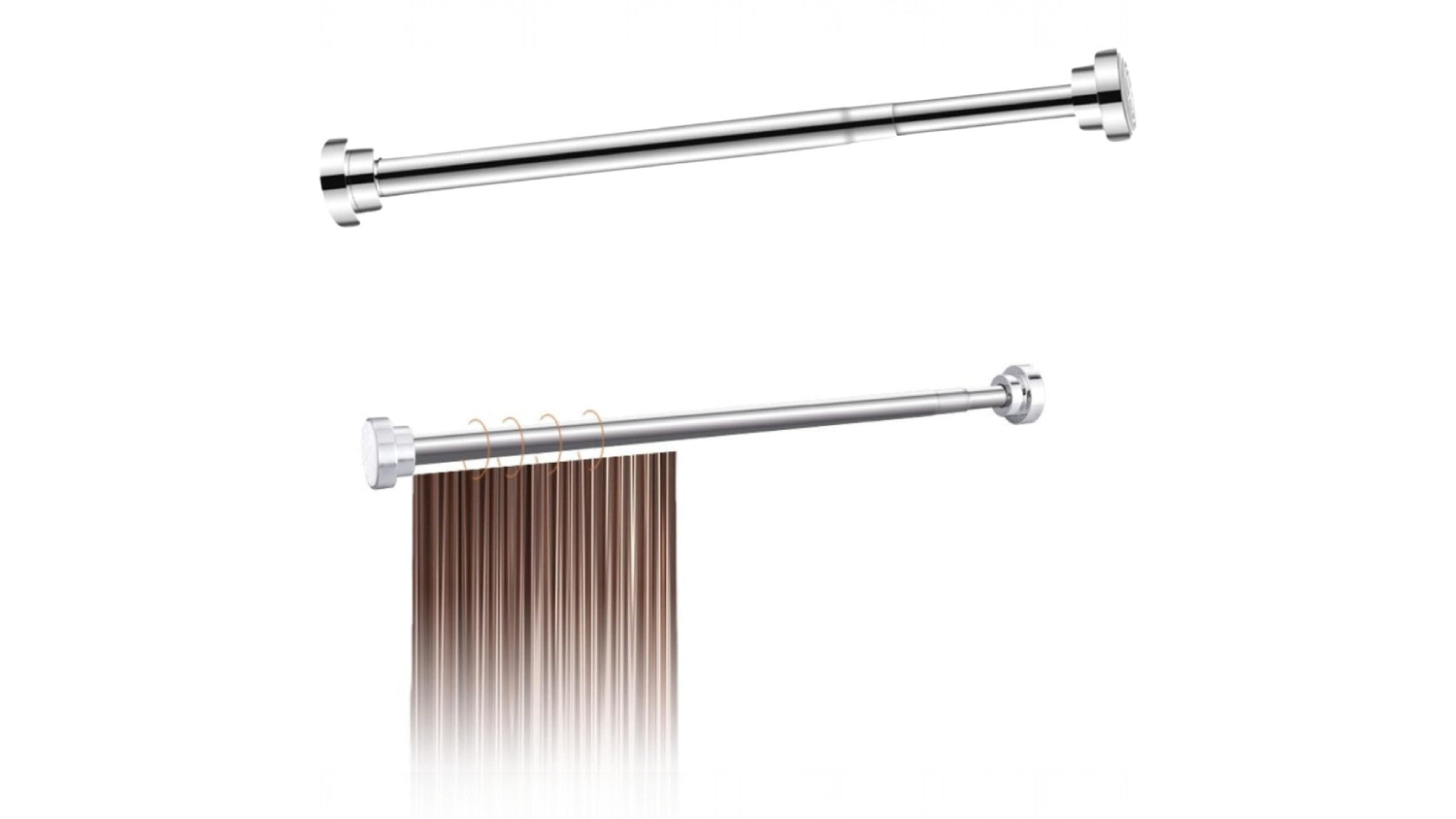 Two stainless steel telescopic rods are shown separately and with a curtain attached, highlighting the adjustable length design