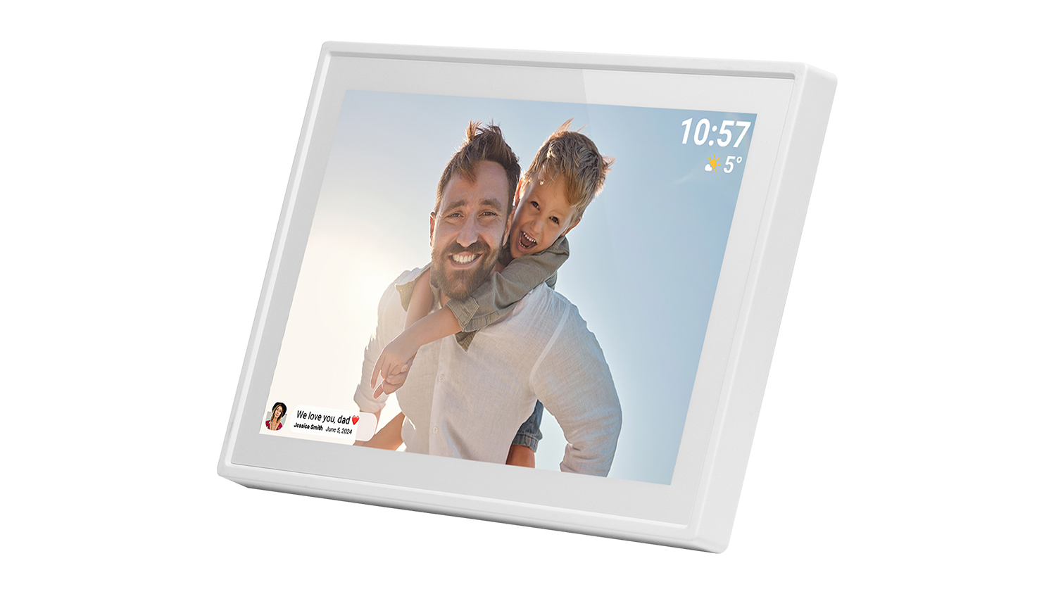 A digital photo frame showing dad with kids outdoors