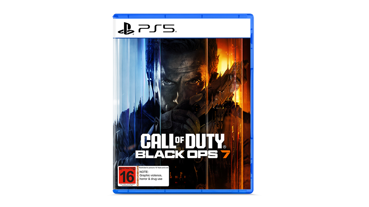 A PS5 game case for Call of Duty: Black Ops 7 with split-tone art