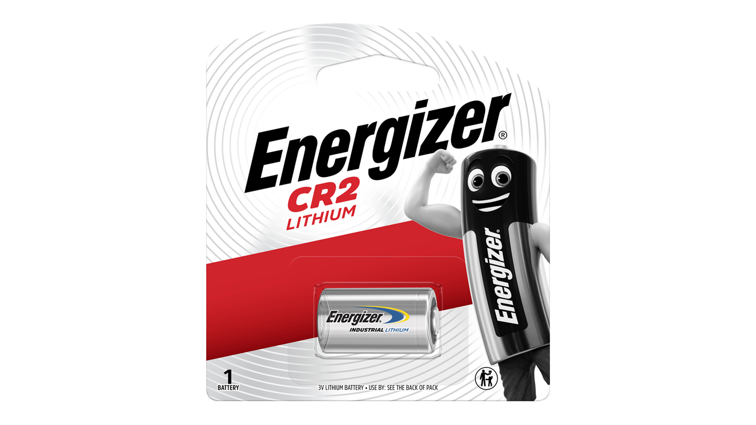 Front of Energizer CR2 Lithium single battery packaging, Industrial Lithium label