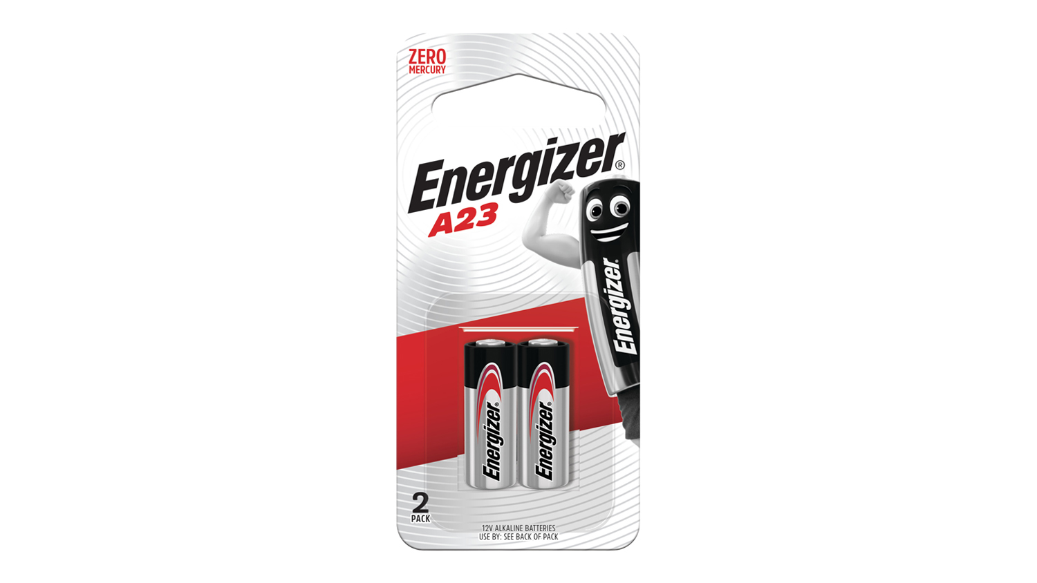 Front of Energizer A23 12V alkaline batteries 2-pack packaging, zero mercury