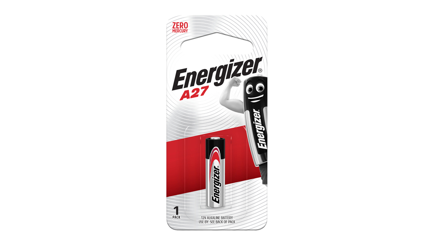 Front of Energizer A27 12V alkaline battery packaging, labelled zero mercury