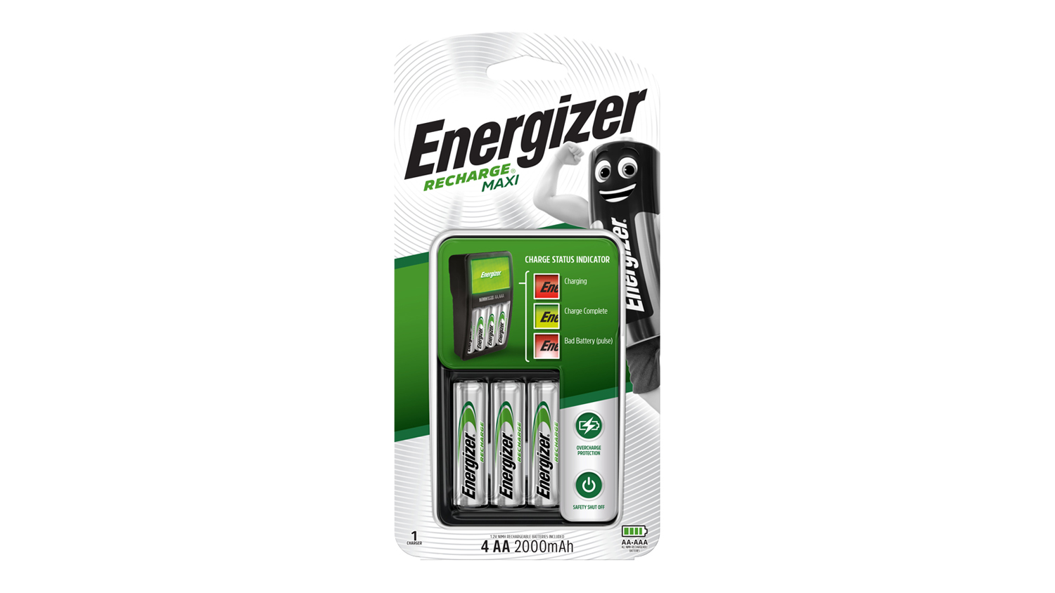 A Recharge Maxi charger set with 4x AA batteries in retail packaging