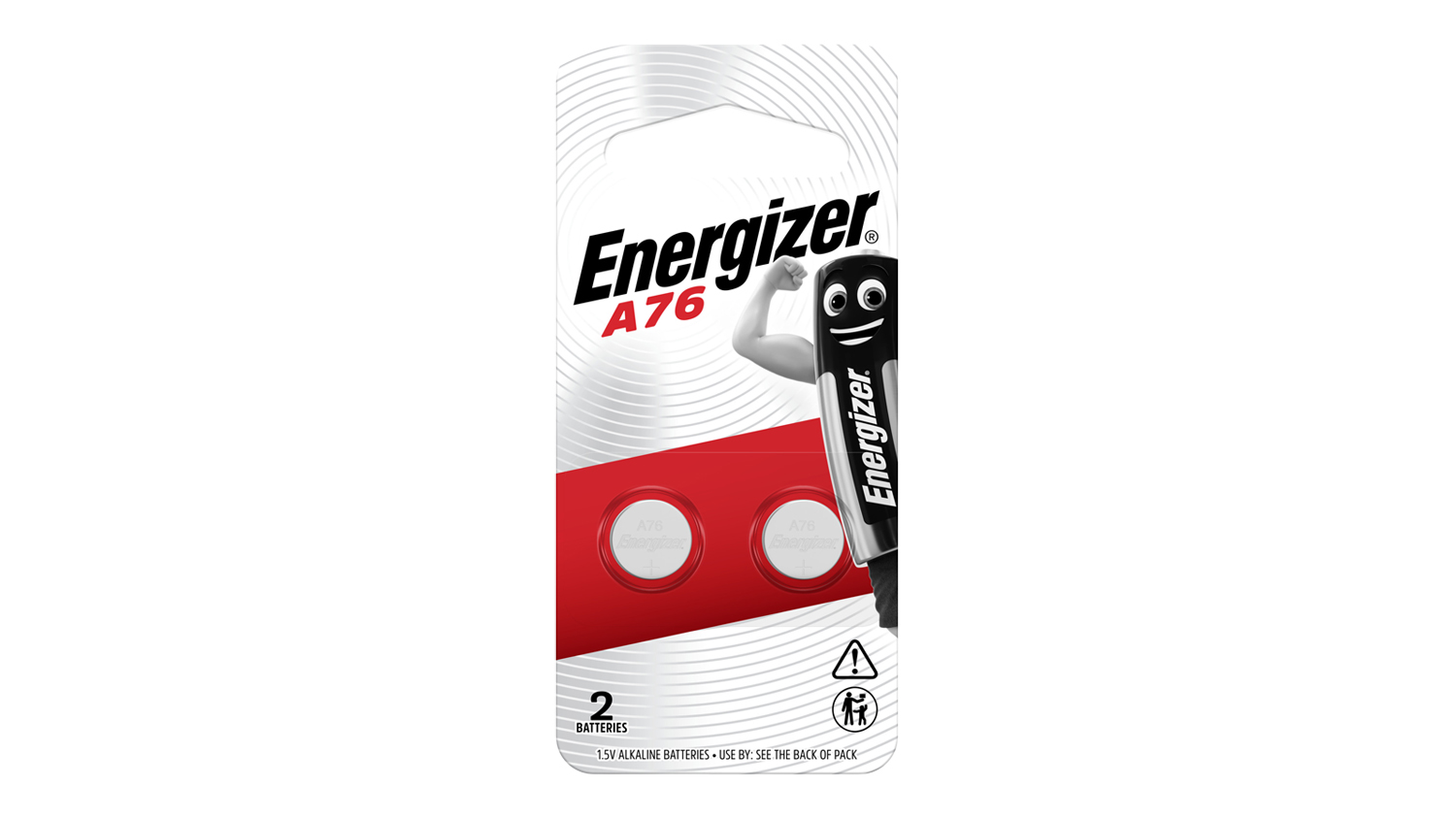 Front of Energizer A76 1.5V alkaline button battery 2-pack