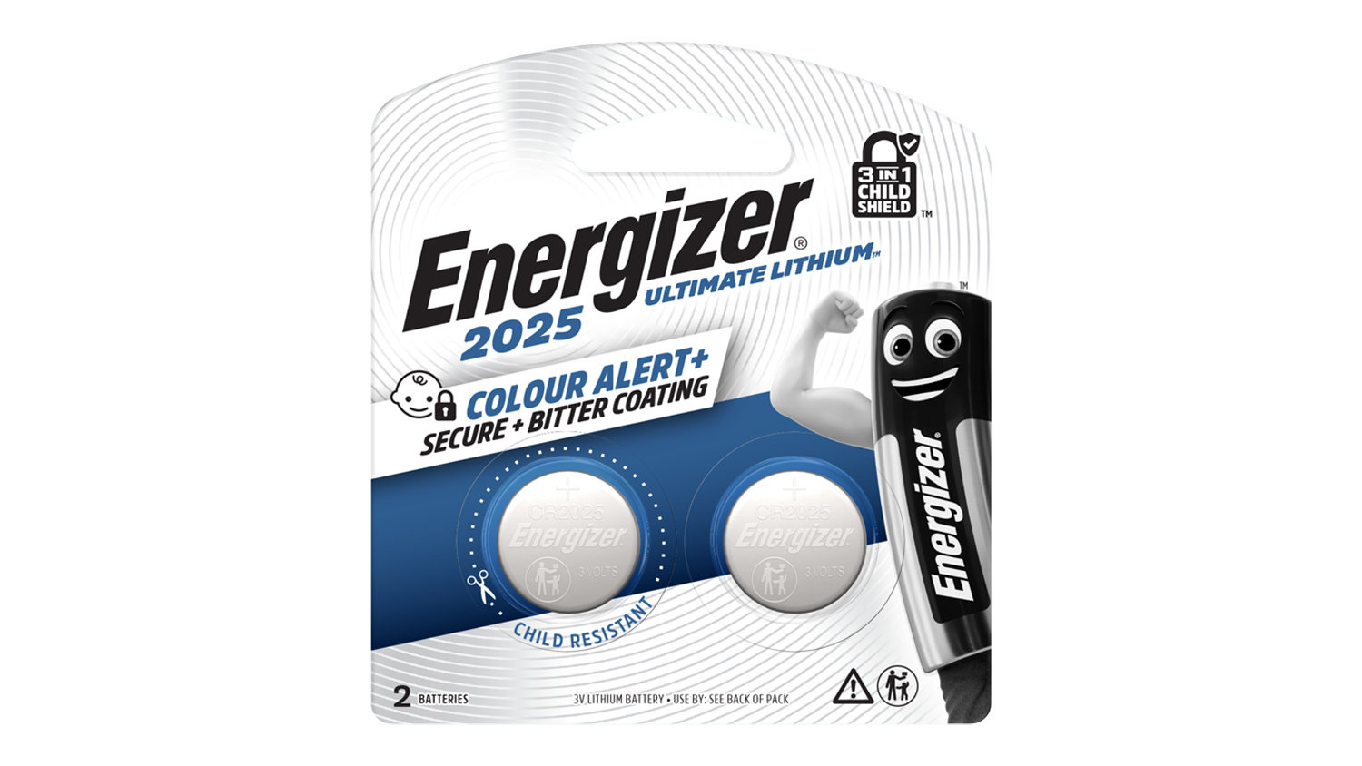 Front of Energizer 2025 battery packaging with Colour Alert+ and bitter coating safety features