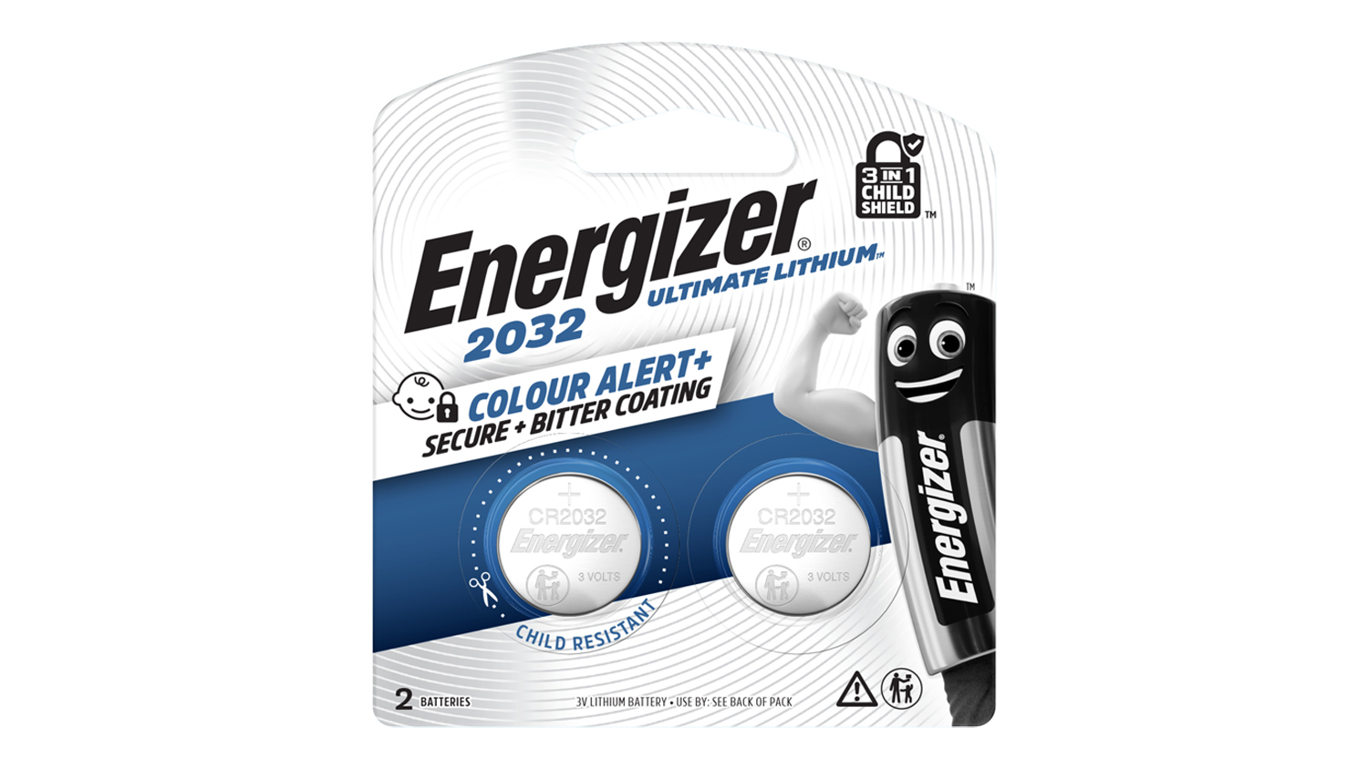Front of Energizer 2032 battery packaging with Colour Alert+ and bitter coating safety features