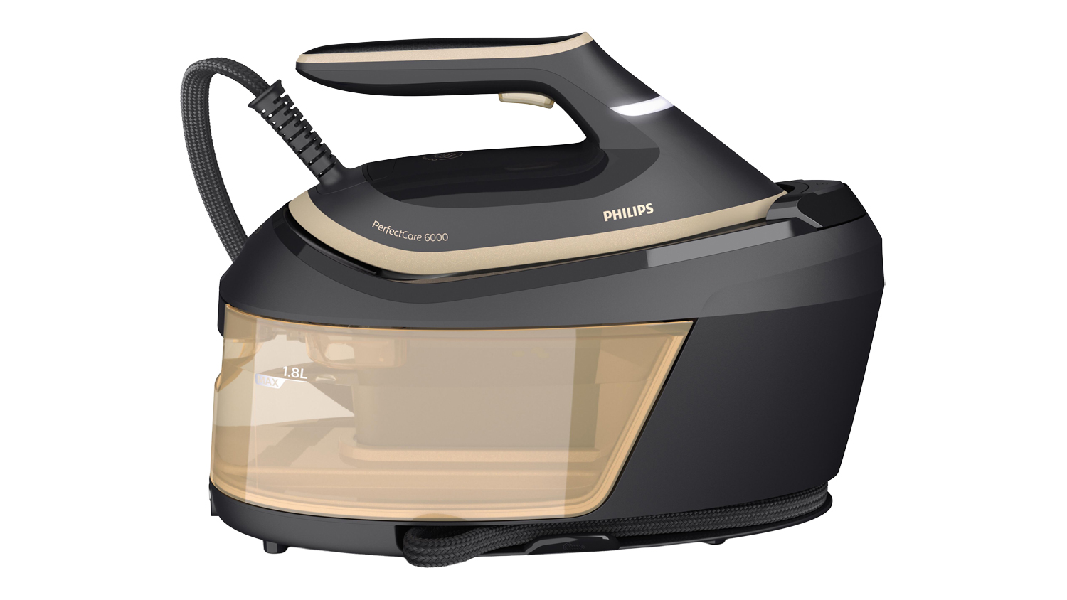 A sleek Philips PerfectCare 6000 Series Iron in black and gold finish