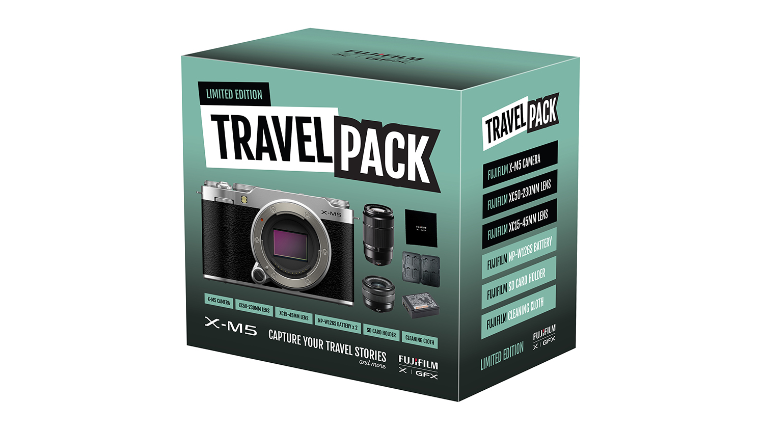 A Fujifilm X-M5 Mirrorless Camera in a green limited edition travel pack