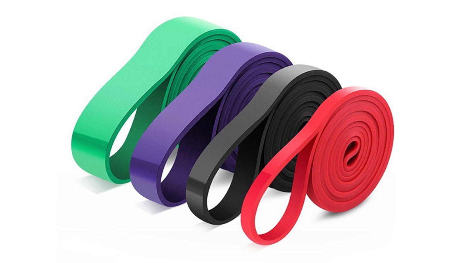 Four looped resistance bands in green, purple, black, and red, arranged side by side